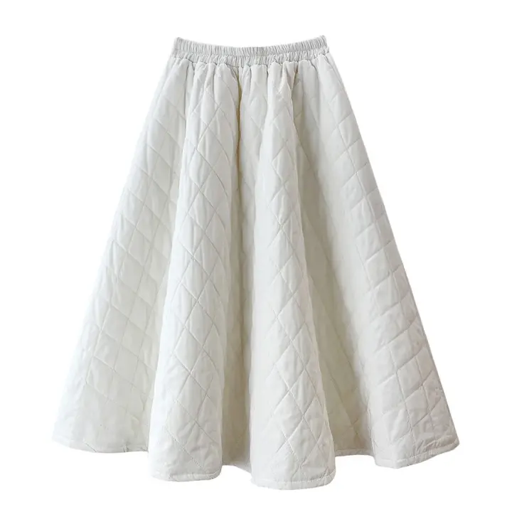 Falda acampanada con patrón de diamante acolchado 4 para mujer, moda coreana, faldas cálidas de cintura alta con bolsillos para invierno - 1