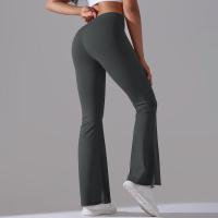Leggings de yoga de color sólido para mujer, pantalones acampanados de cintura alta, elásticos, entrenamiento, pierna ancha - details 42