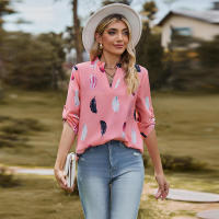 Camisa con estampado de plumas de tres cuartos y manga e para mujer, cuello en V, otoño, nueva - details 0