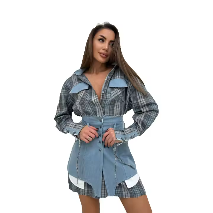 Nueva moda cuello de solapa patchwork color manga larga camisa vestido cintura cierre de dos piezas - 1