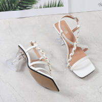 Sandalias de mujer de talla grande, color sólido, estilo trenzado, tacón alto con tiras y punta cuadrada - details 9
