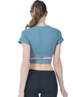 Tops cortos cruzados para mujer, camisa deportiva de manga corta para Yoga, color azul - details 4