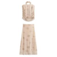 OUWU Conjunto de falda superior de tubo de punto de retazos para mujer, sin mangas, sin espalda, faldas plisadas en forma de U, tres, nuevo conjunto de vacaciones en la calle - details 3
