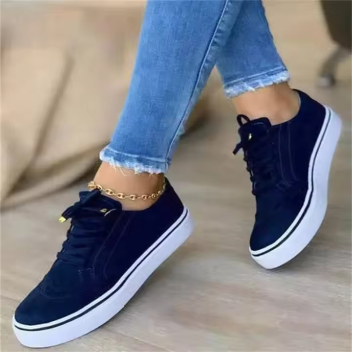 Zapatos bajos de punta redonda para mujer, zapatos planos informales con cordones para caminar, versátiles y cómodos - 1