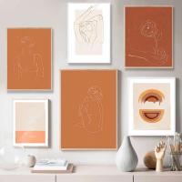 Arte de pared naranja quemado abstracto, pintura en lienzo, terracota, Arco Iris, minimalista, dibujo de una línea, carteles, impresiones bohemias, decoración del hogar - details 0