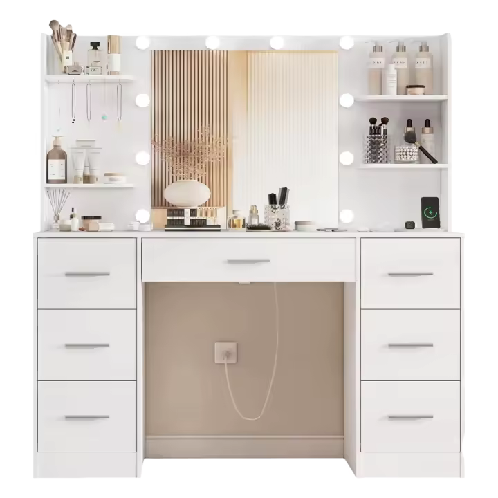 Tocador de Maquillaje Grande con Luces LED Regulables y enchufes, Mesa de Maquillaje con Espejo, Mesa de Tocador con 7 cajones, 4 estantes Abiertos y 5 Ganchos para Joyas, Blanco - 1