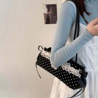 Bolso de mano francés dulce que combina con todo, bolso de mano con lazo de gran capacidad, bolsos para axilas de lunares, bolso de hombro de PU de encaje de estilo coreano, escuela - details 6