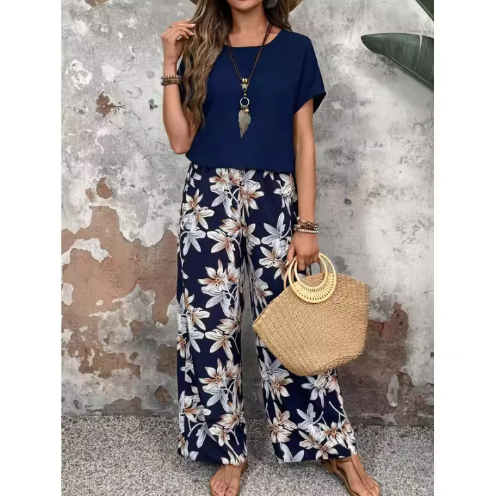 Conjunto de dos piezas de verano, suéter holgado versátil con cuello redondo estampado, atuendo informal para mujer - 1