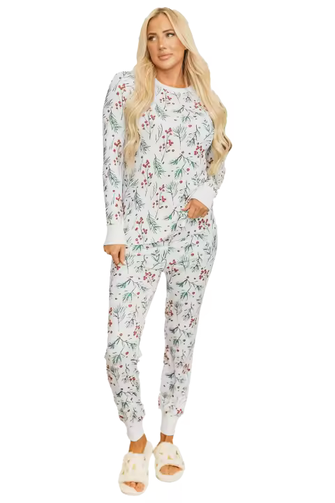 Elrachen Conjunto de salón térmico para mujer con estampado de acebo, blanco, tallas S-XL - 1