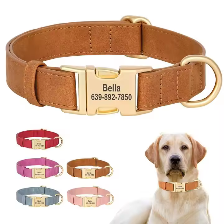 Collar perro personalizado, collares cuero PU perros, collar mascotas con hebilla de Metal personalizado gratis para perros - 1
