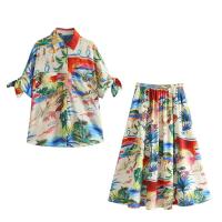 BUNO-novedad de verano, producto, camisa de manga corta estampada a la moda para mujer, conjunto informal de media falda por debajo de la rodilla de cintura alta - details 2