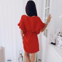 Vestido de poliéster de manga corta para mujer, jersey de cuello redondo, suelto, fajas, sólido, moda de oficina, Verano - details 2