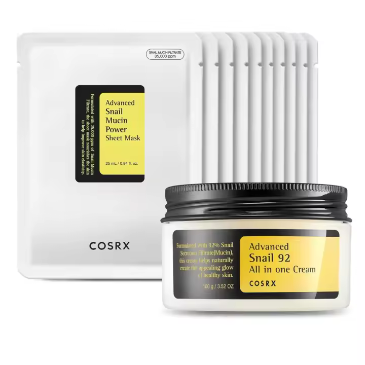 COSRX Glazed Donut Look- 92% Mascarilla en lámina de mucina hidratante de reparación diaria (paquete de 10), suero hidratante facial con secreción de caracol - 1