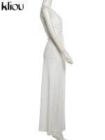 Kliou Halter fruncido mujeres Maxi vestido clásico sólido cuello bajo espalda descubierta elegante Simple bata femenina High Street Vestidos de vacaciones - details 2