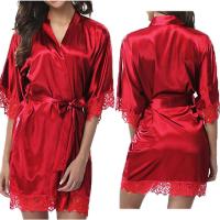Pijama De Seda Para Mujer Con Encaje Y Manga Larga Cómodo Y Suave De Color Sólido Negro Bata De Baño De Largo Cintura - details 1