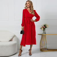 Vestidos largos informales para mujer, cuello en V, manga larga, cintura alta, Maxi, diario, rojo S - details 3