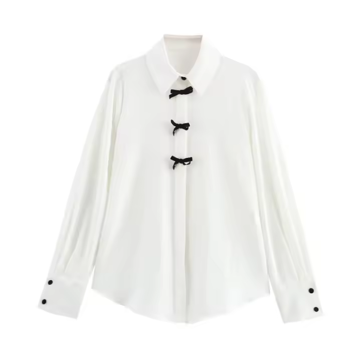 Blusa de Verano para Mujer 2025 con Cuello, Nudos de Mariposa Bordados, Mangas Largas Elegantes. - 1