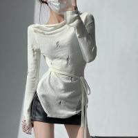 Suéter de punto para mujer, Tops de manga larga calados rasgados, jersey liso Sexy - details 1