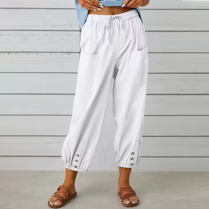Pantalón holgado de lino y algodón con botones para mujer, pantalón ancho con nueve puntos, cintura alta, novedad - 1