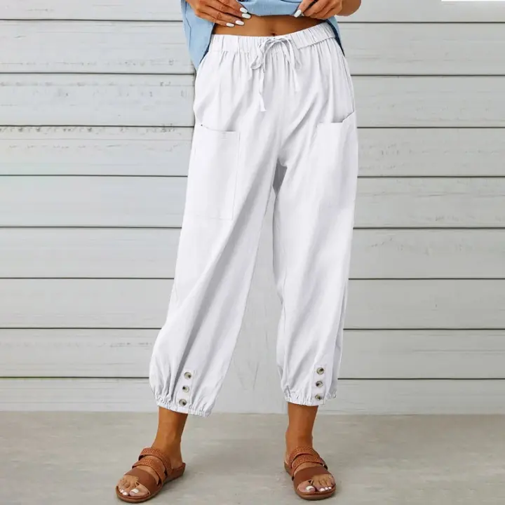 Pantalón holgado de lino y algodón con botones para mujer, pantalón ancho con nueve puntos, cintura alta, novedad - 1