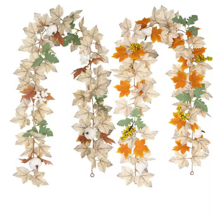 Juego de 2 Guirnaldas de Otoño 180 cm Guirnalda de Hojas de Arce y Bayas de Calabaza + Guirnalda de Vid para Colgar de Arce Puro Ideal para Acción de Gracias, Halloween, Navidad, Decoración - 1