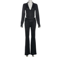 BUNO-Conjunto de 2 piezas de retazos a rayas para mujer, Tops de manga larga con escote y cuello bajo + Pantalón recto con cintura elástica, traje de tendencia urbana - details 7