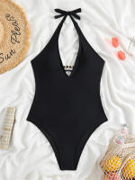 Bañador de una pieza para mujer, traje de baño liso con cuello en V, Monokini Sexy, ropa de playa para verano, 2024 - details 8