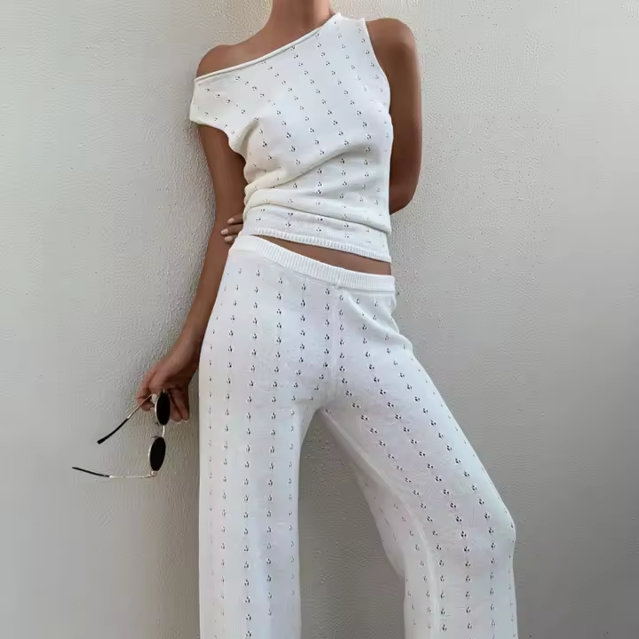 Chaleco sin mangas europeo americano 2025, pantalones casuales, pantalones de playa de punto con relieve para mujer, para primavera y verano - 1