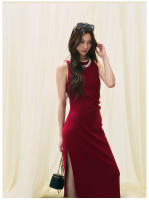 Vestido Largo de Verano Shengdu Elegante Corte de Diagonal Rojo, Pliegues y Estilo Socialité Francés de Alta Gama - details 13