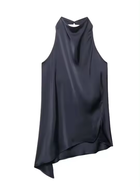 OUWU- Chaleco halter de satén para vacaciones de verano, camiseta sin mangas informal sin espalda, dobladillo irregular elegante Y2K, tops elegantes para mujer - 1