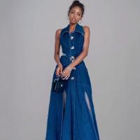 Vestido vaquero largo sin mangas para mujer, traje Sexy con abertura lateral, cuello vuelto, novedad de verano 2024 - details 22