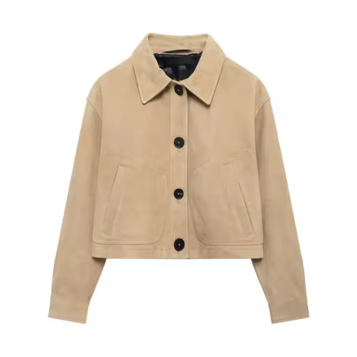 -2025 Chaqueta corta con cuello vuelto para mujer, lana de venado Simple, moda de otoño, nueva llegada - 1