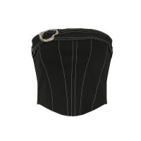 BUNO-Top corto ajustado negro sin mangas con hombros descubiertos, falda súper mini de cintura baja, ropa de calle de verano, conjunto de 2 piezas para mujer - details 10