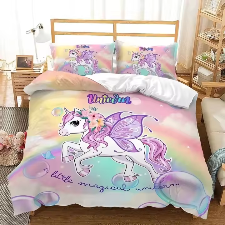 Juego de cama de unicornio arcoíris, funda nórdica de flores coloridas, fundas de almohada de lino para niñas, regalo individual, doble, King y Queen - 1