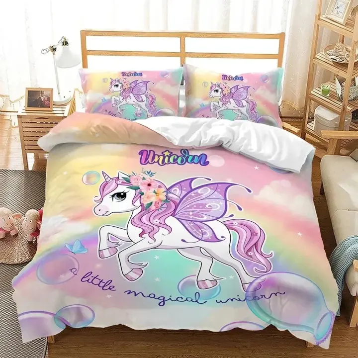 Juego de cama de unicornio arcoíris, funda nórdica de flores coloridas, fundas de almohada de lino para niñas, regalo individual, doble, King y Queen - 1