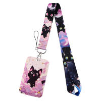 LX1293 Llavero con cordón de gato negro de dibujos animados, funda para tarjeta de crédito, colgante para teléfono, correas para el cuello, soporte para insignia, accesorios para llavero - details 1