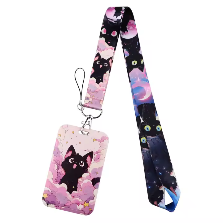 LX1293 Llavero con cordón de gato negro de dibujos animados, funda para tarjeta de crédito, colgante para teléfono, correas para el cuello, soporte para insignia, accesorios para llavero - 1