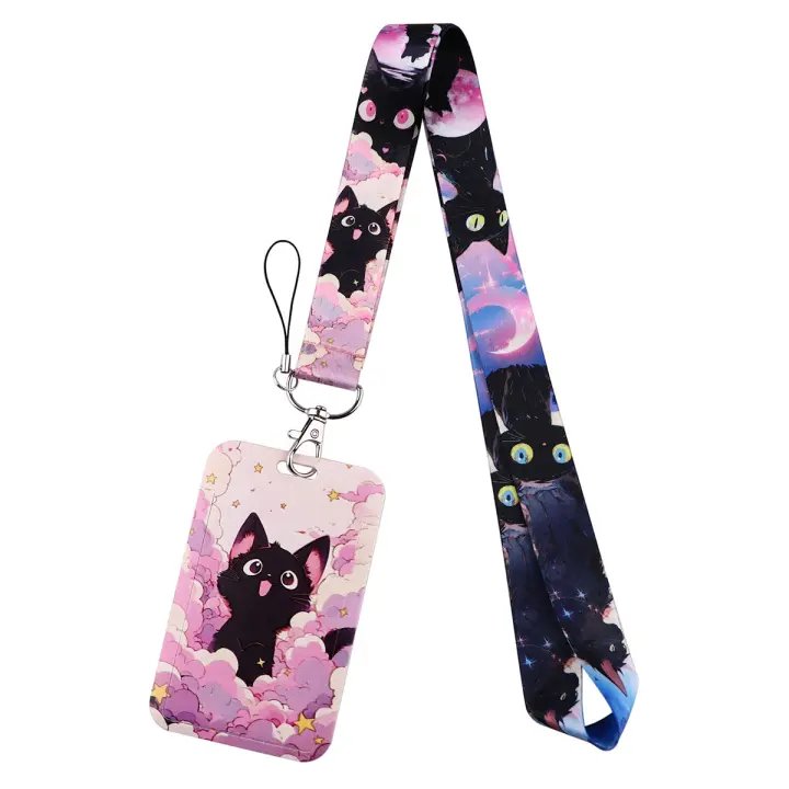 LX1293 Llavero con cordón de gato negro de dibujos animados, funda para tarjeta de crédito, colgante para teléfono, correas para el cuello, soporte para insignia, accesorios para llavero - 1