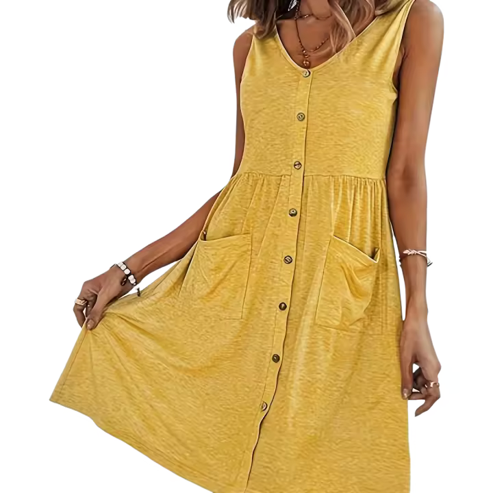Vestido Sin Mangas Para Mujer Con Botones Y Estampado De Moda Para Primavera Y Verano Vestido De Vacaciones De Cintura a Largo De Pierna Estilo Casual - 1