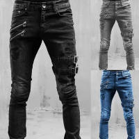 Pantalones vaqueros elásticos Retro para motociclista para hombre, ropa de calle con agujeros, pantalones Cargo de mezclilla ajustados Punk - details 2