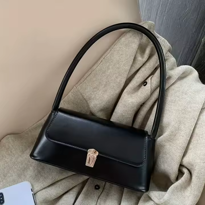 Bolso de Hombro Clásico para Mujer Cuero Falsito, Color Sólido, Cierre con Hebilla, Forro de Poliéster, Bolso Mano Vintage para Underarm No se Lavaba - 1