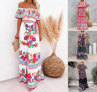 Vestido Largo para Mujer Verano 2025 Escote Palabra de Honor con Estampado de Flores Rojas - details 2