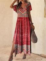 Para mujer, vestido largo con cuello en V a la moda, falda de manga corta diaria, vestidos con aberturas de estilo bohemio, ropa de verano para mujer - details 4
