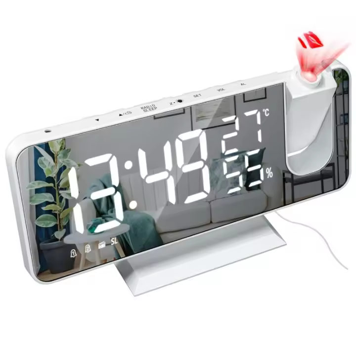 Reloj Despertador Digital de Proyección Reloj Despertador con Radio de Techo, Carga USB, Pantalla de Temperatura y Humedad, Pantalla LED de Espejo Grande de 7,3", Función de Repetición, Reloj Despertador de Doble Timbre - 1