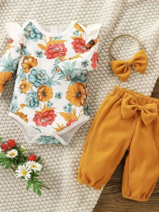 Conjunto de 2 piezas de verano para niñas con estampado floral de manga larga para traje casual - 1