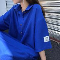 Vestido Polo de talla grande para mujer, camiseta de manga corta con cuello de camisa y longitud por debajo de la rodilla, color negro, cintura holgada coreana para verano - details 7