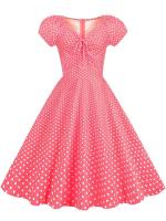 Elegant vintage dot print women summer puff short sleeve v neck casual a-line midi party dress - details 16