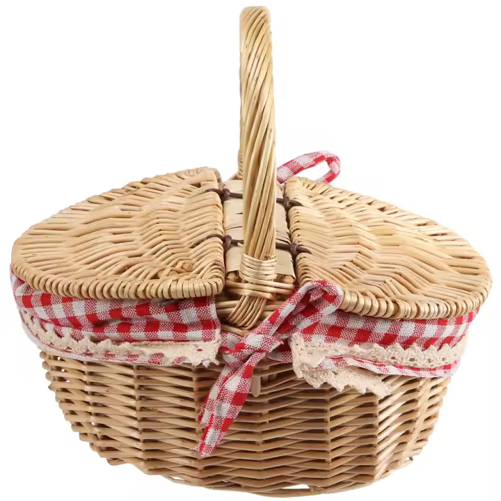 Cesta de Picnic de mimbre de estilo campestre con tapa y Asa y forros para Picnics, fiestas y barbacoas - 1