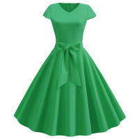 Women summer vintage with belt short sleeve v neck elegant retro swing party dresses - details 31