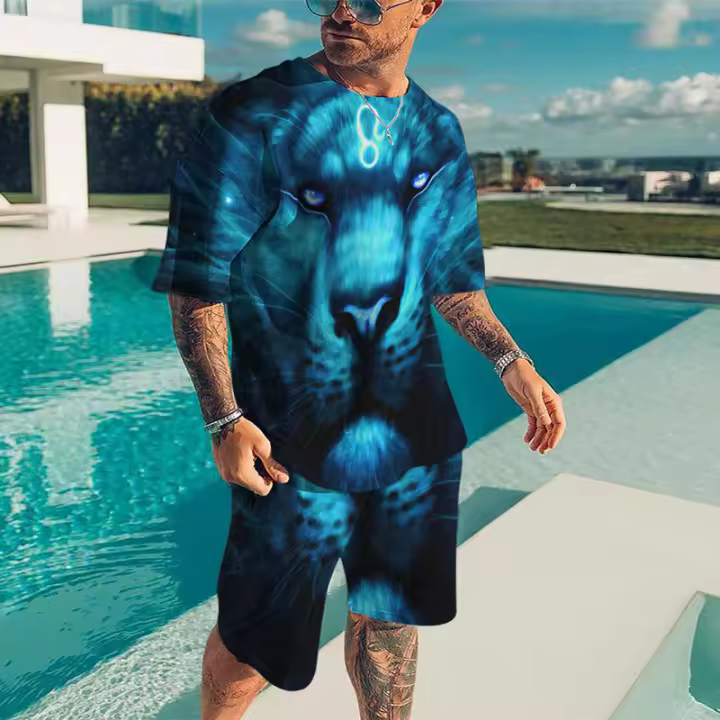 Conjunto Casual de Verano 2024 para Hombres Camiseta con Cuello Redondo y Pantalones Cortos - 1